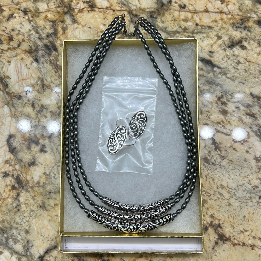 Silver and grey/slate color necklace and earrings
